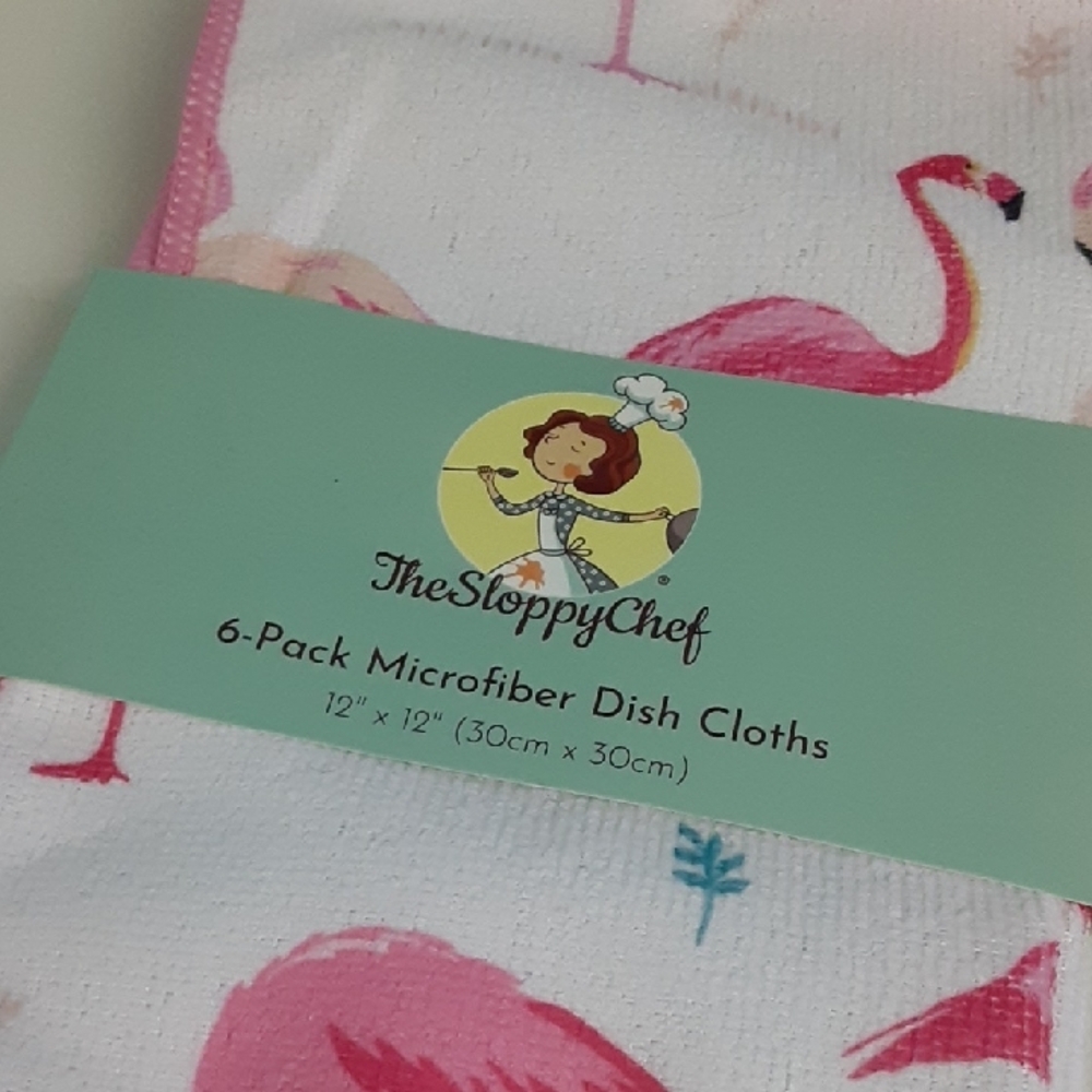 The Sloppy Chef, Dish Cloths, Pink Flamingo Design, Set of 6, NEW
